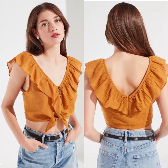 UO Urban Outfitters Ruffle Tie-Front Top Textured Cropped Small Boho Cottage - Picture 1 of 7
